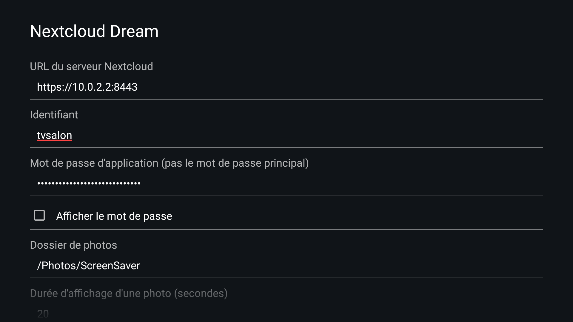 Capture d’écran de configuration