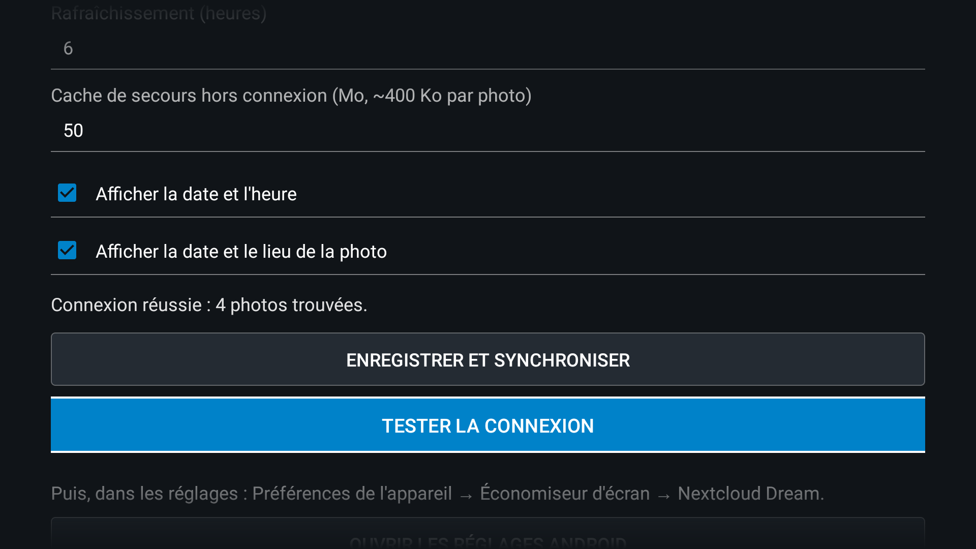 Capture d’écran de connexion réussie